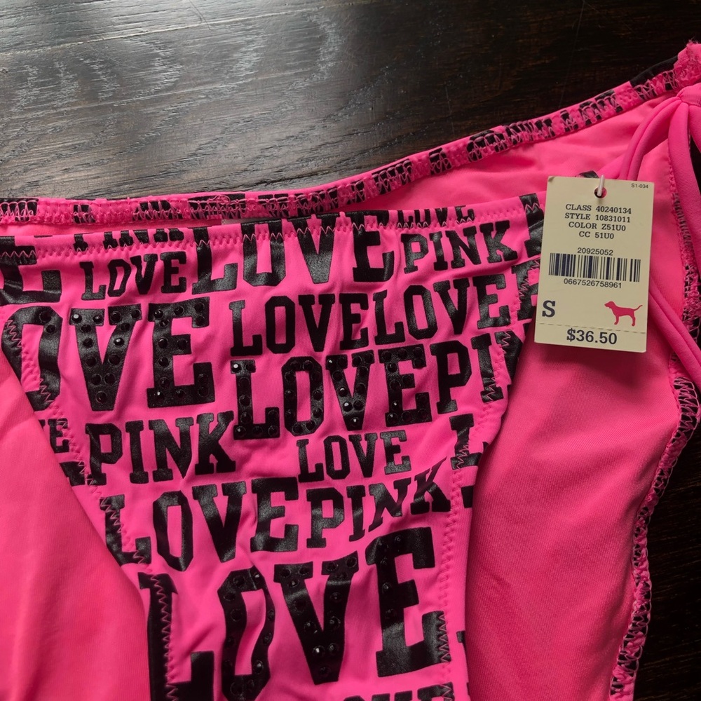 PINK Victoria’s Secret Love Pink Print Ruched Rhinestone Bikini Bottom - Picture 5 of 16